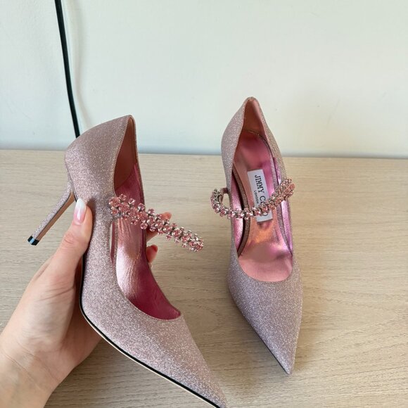 Jimmy Choo Bing 85 Pumps Sz 37 Pink Glitter Crystal Embellished Pointed Toe - Picture 4 of 14